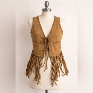 Jessica Simpson Brown Faux Suede Fringe Vest Lace Up Western Boho Size S